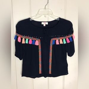 Gianni Bini GB Girls SS Navy Blue Blouse Multicolor Tassels & Stitching
So Cute